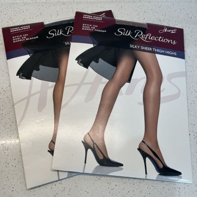 2 Pair Hanes Silk Reflections Thigh High Stockings Barely there & Black szAB NEW